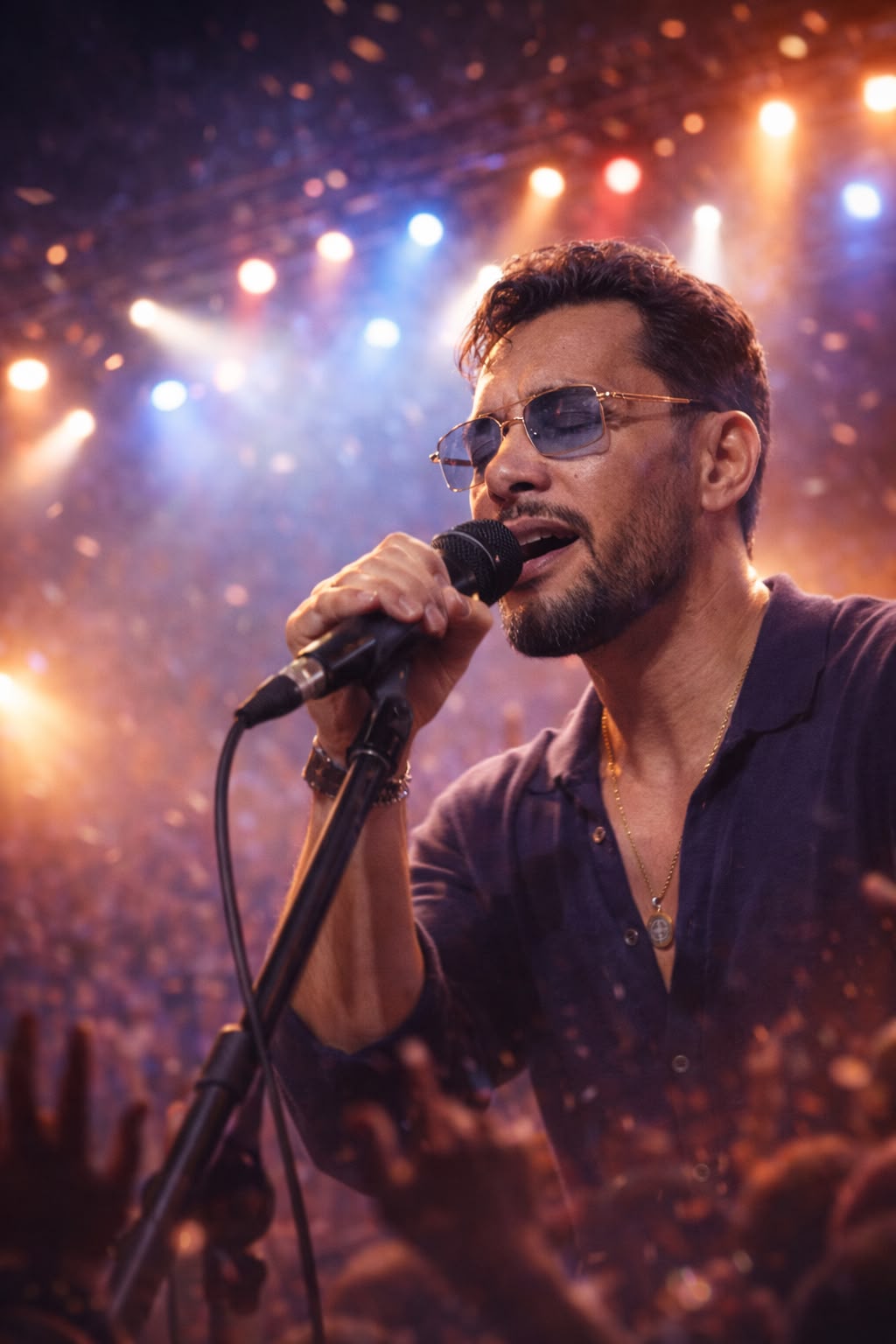 Ricky Moreira cantando no palco com luzes ao fundo